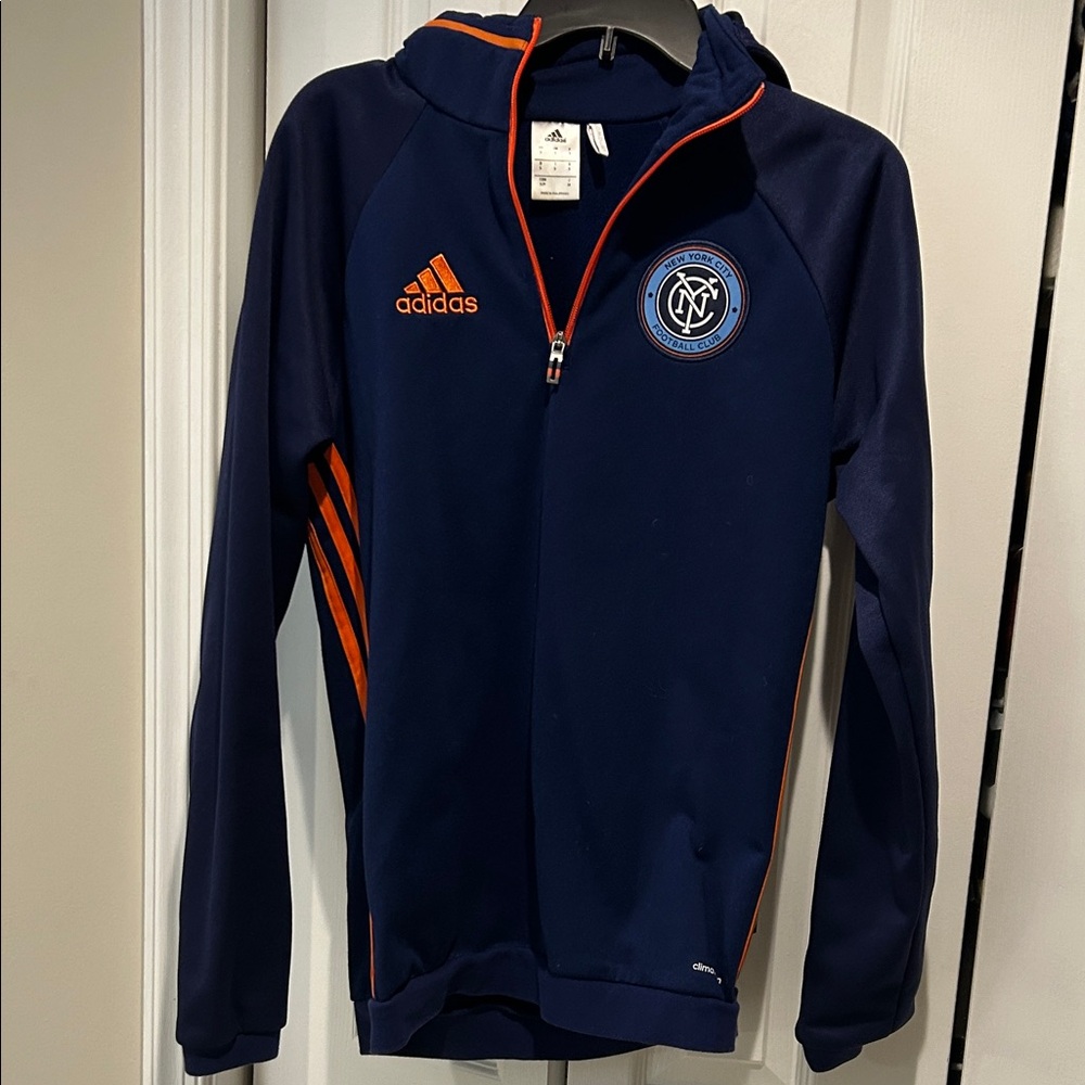 Unisex Adidas 3/4 zip. Has a hood. MLS